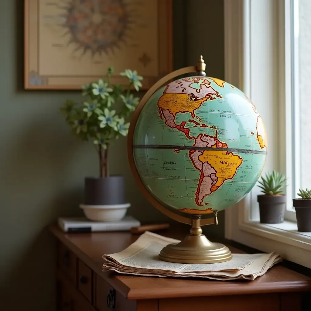 a photo of a vintage globe and travel memorabilia on a side table