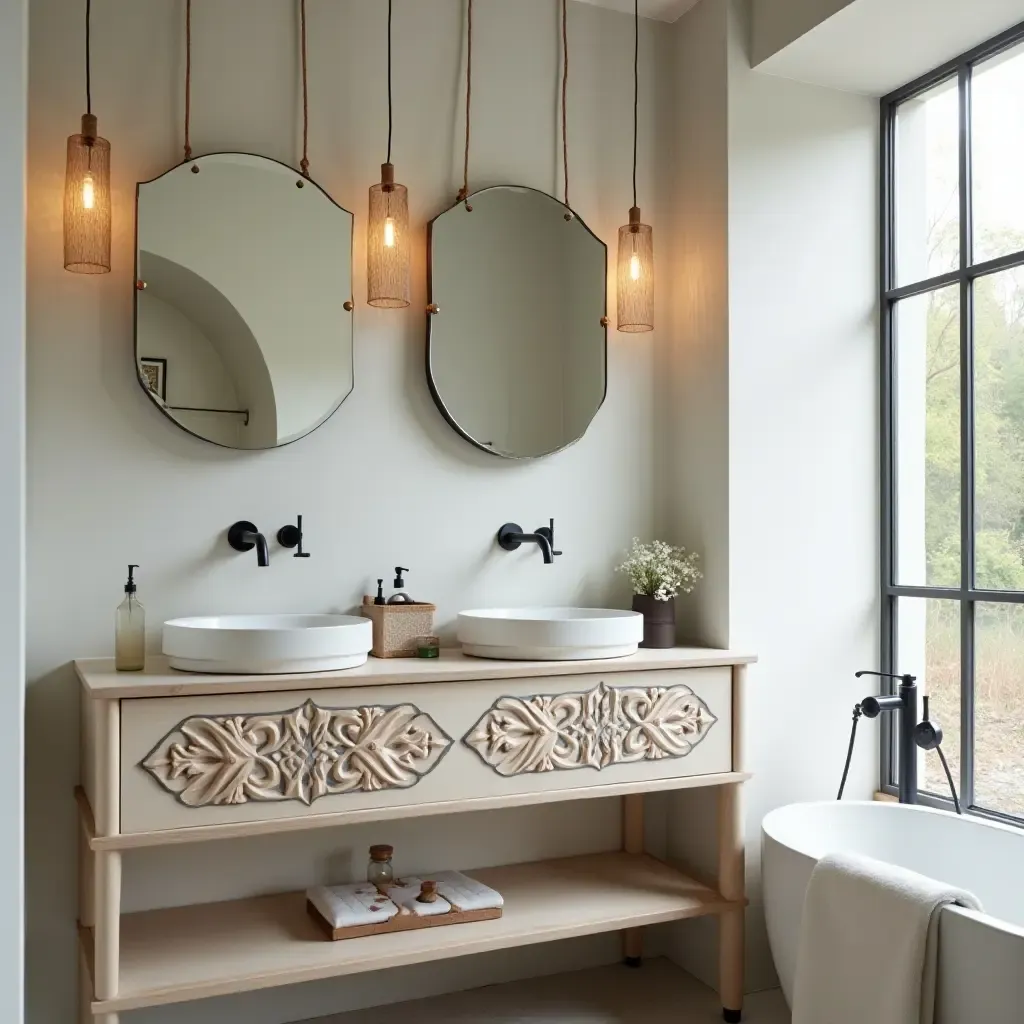 a photo of a stylish bathroom with hand-painted ceramic sinks