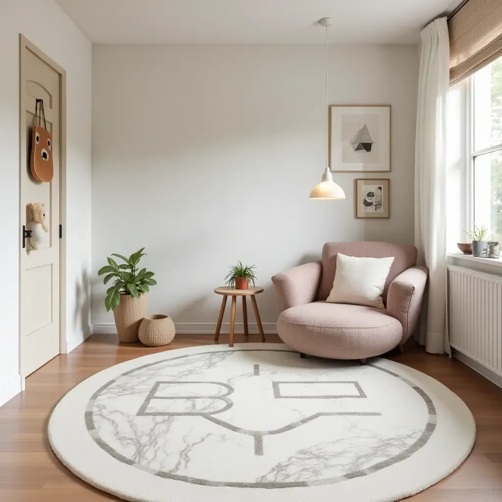 a photo of a modern kids&#x27; room featuring marble-patterned rugs and playful decor