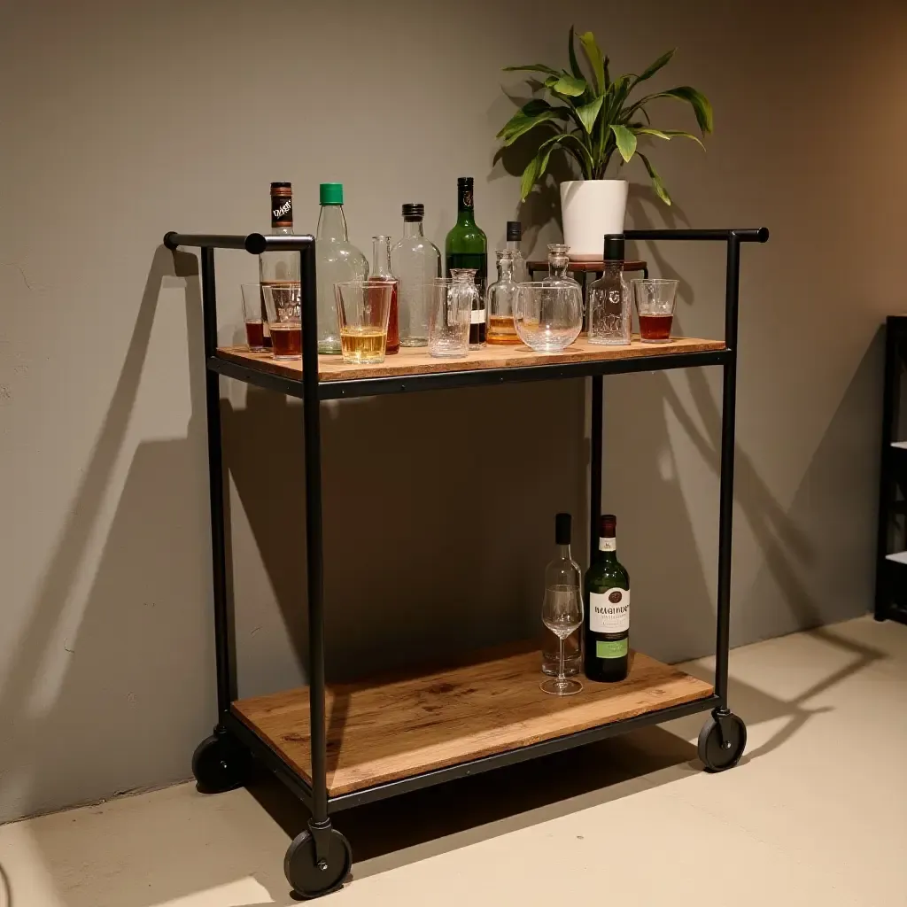 a photo of a bar cart made from reclaimed wood and metal in a basement