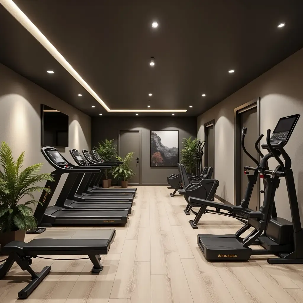 a photo of a basement fitness area with versatile equipment and open space