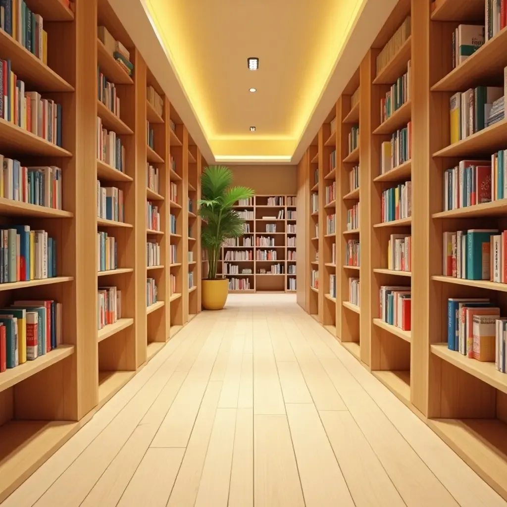 a photo of a library with a combination of light wood and bright colors