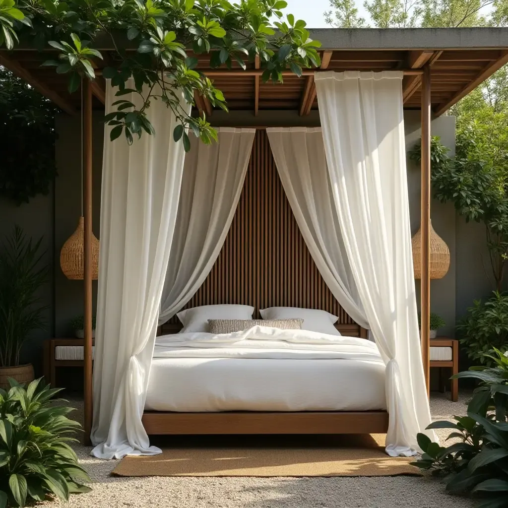 a photo of a serene retreat featuring a canopy bed surrounded by greenery