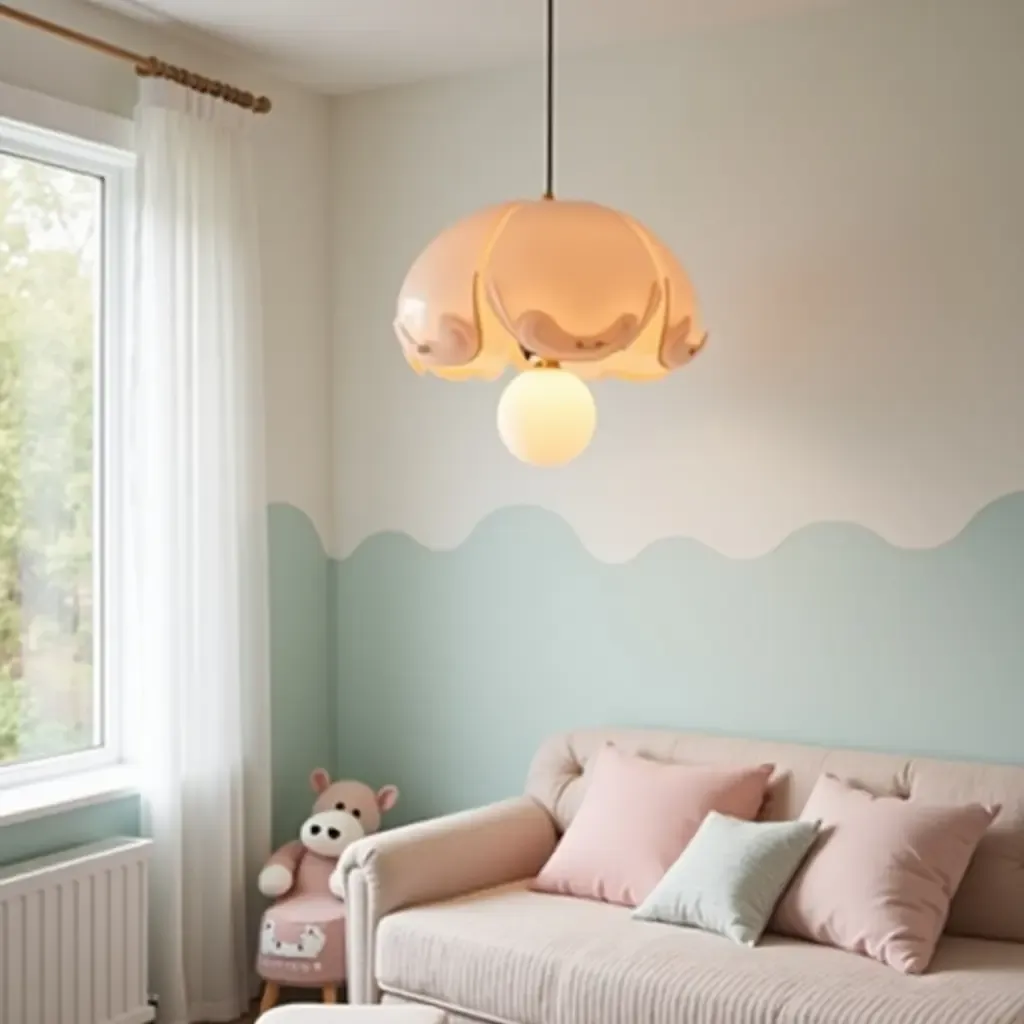 a photo of a whimsical pendant light in a pastel-themed nursery