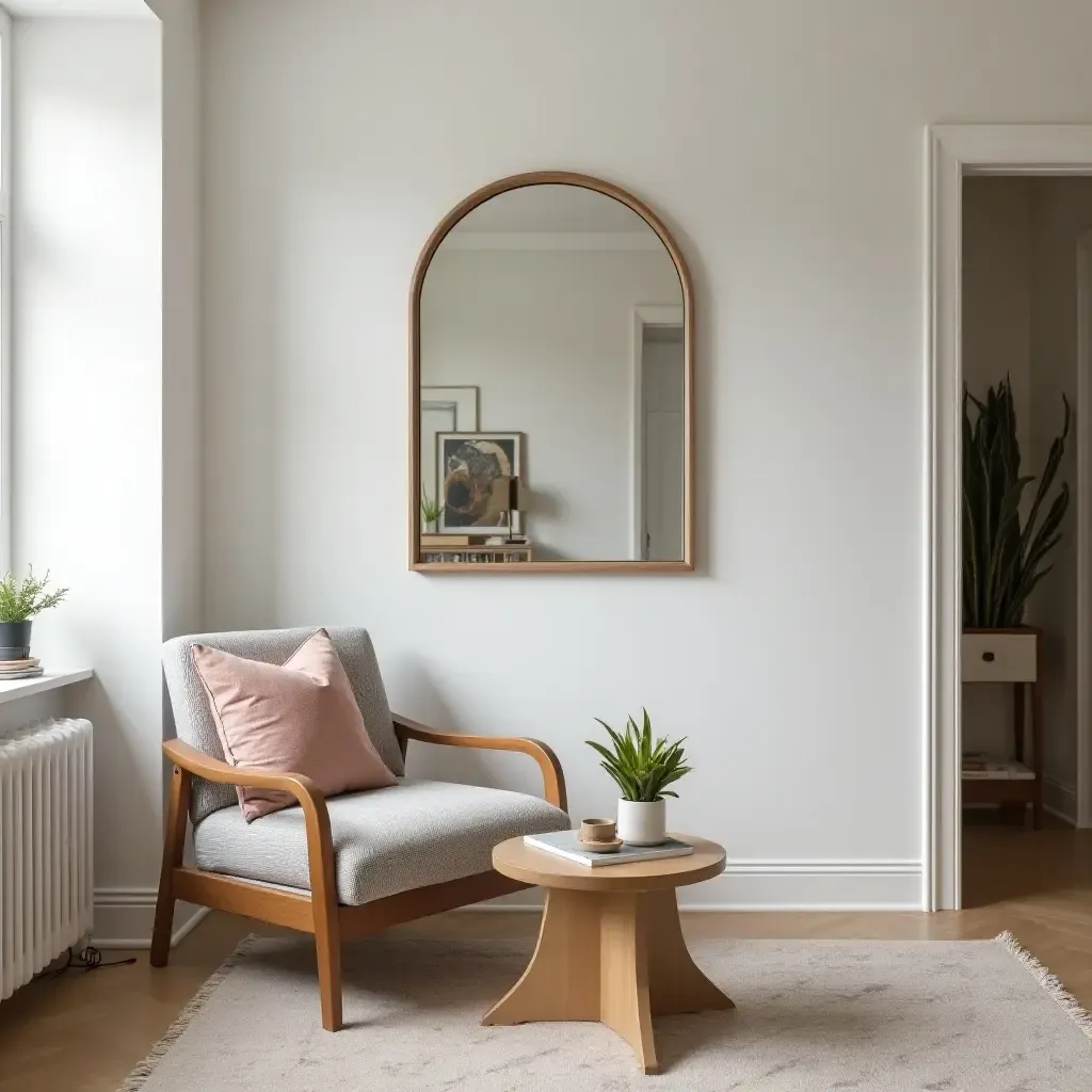 a photo of a small living room featuring a statement mirror to enhance space and light