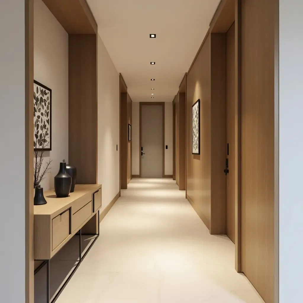 a photo of a timeless hallway with natural wood accents and decor