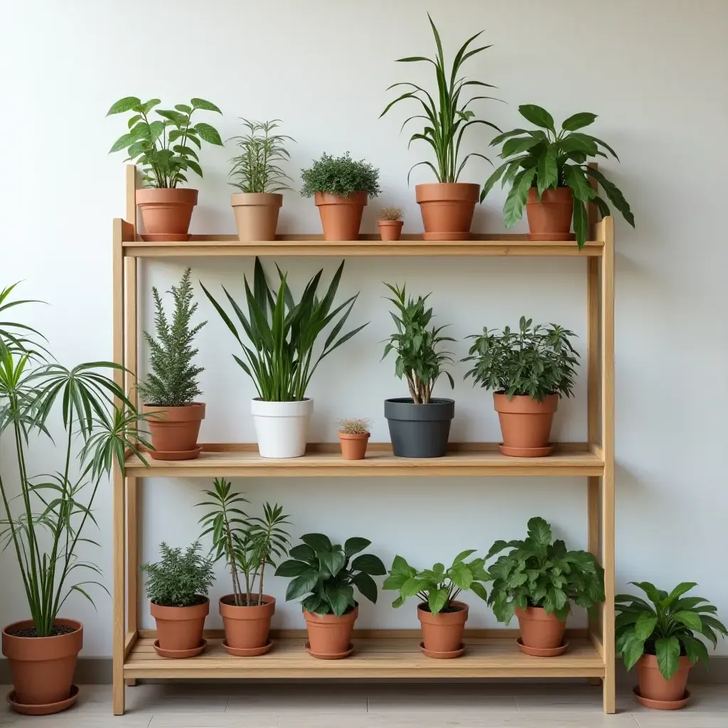 a photo of a stylish balcony shelf with potted plants and decorative items