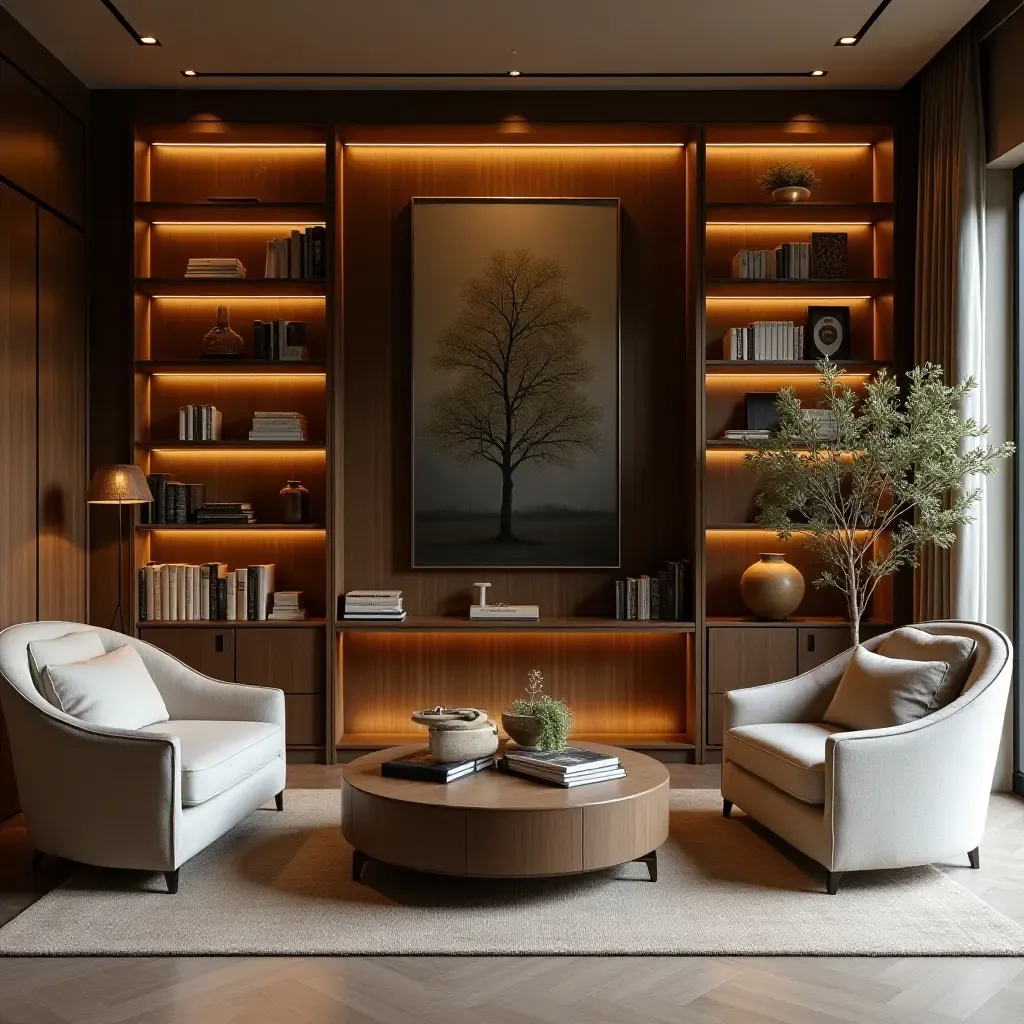 a photo of a home library adorned with olive tree decor and soft lighting