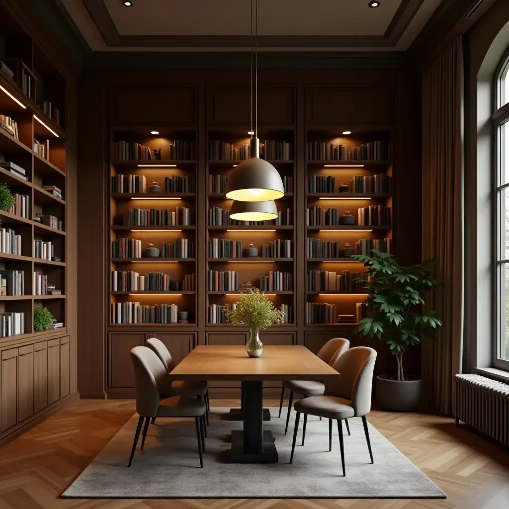 a photo of a library with pendant lights that match the furniture style