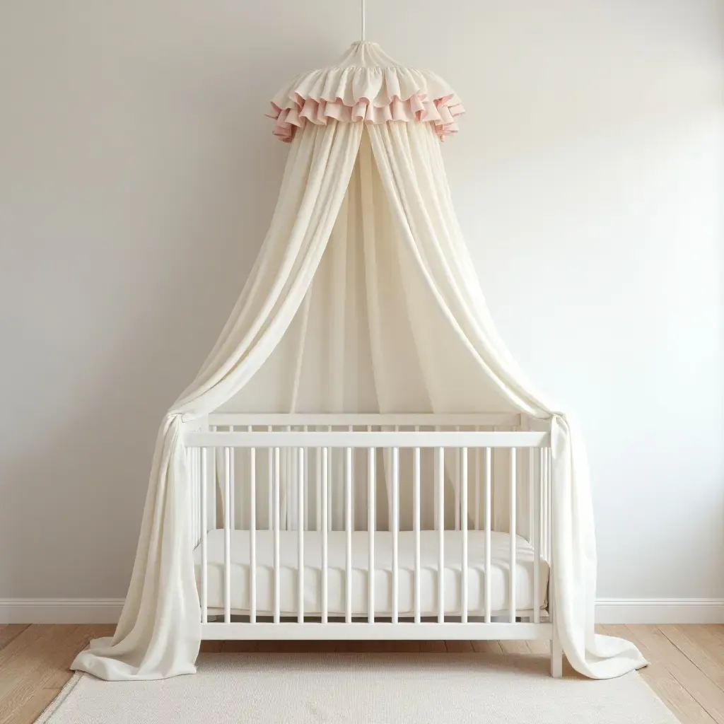 a photo of a classic nursery with a ruffled canopy for a crib