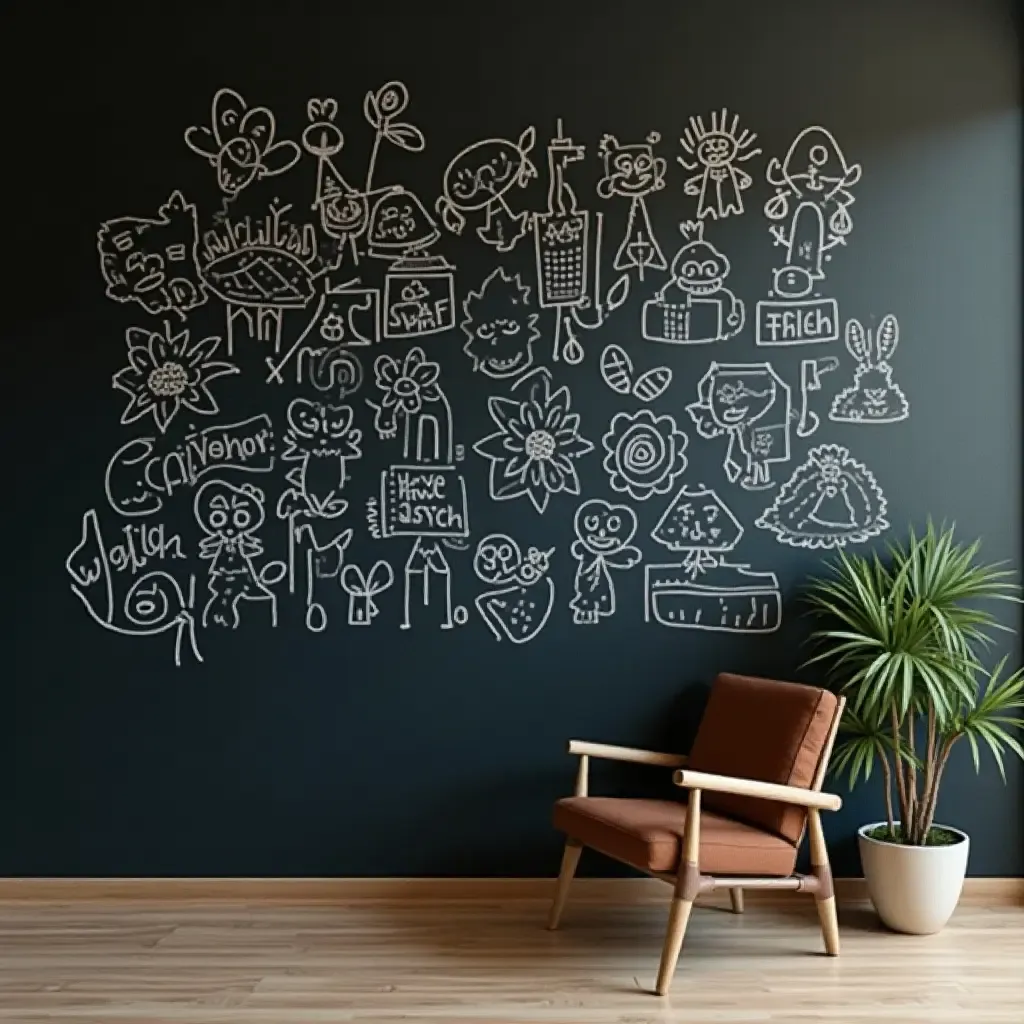 a photo of a chalkboard wall with changing artwork