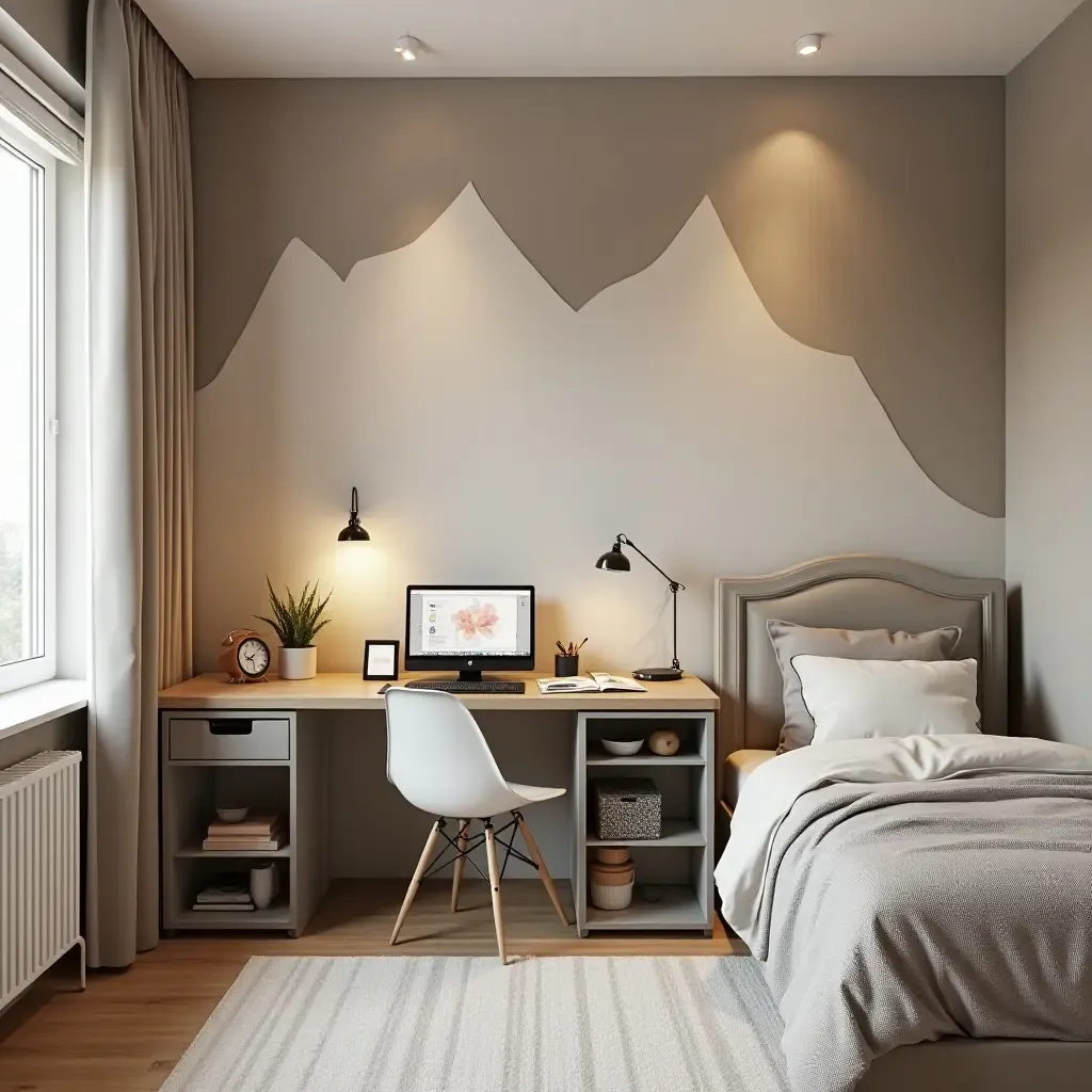 a photo of a shared bedroom featuring a creative wall design and dual study areas