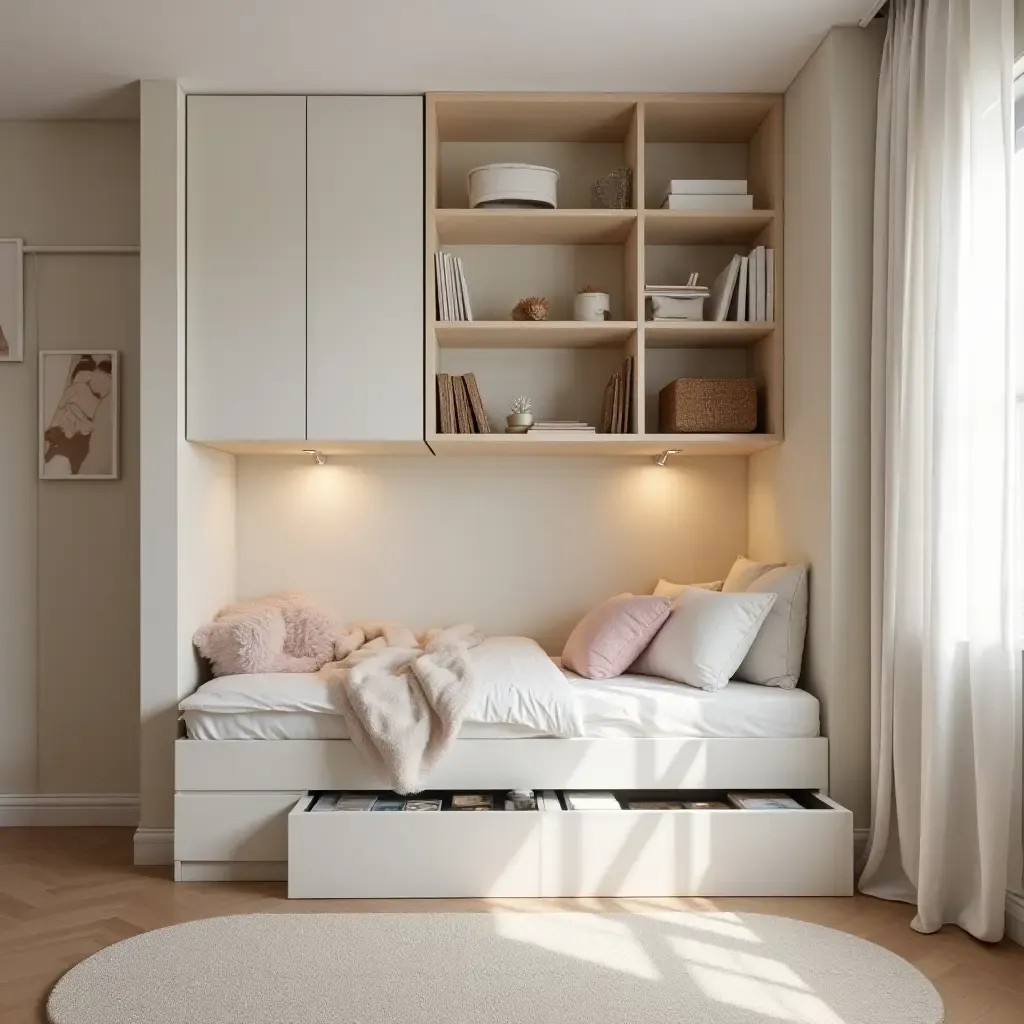 a photo of a stylish kids&#x27; bedroom with under-bed storage solutions