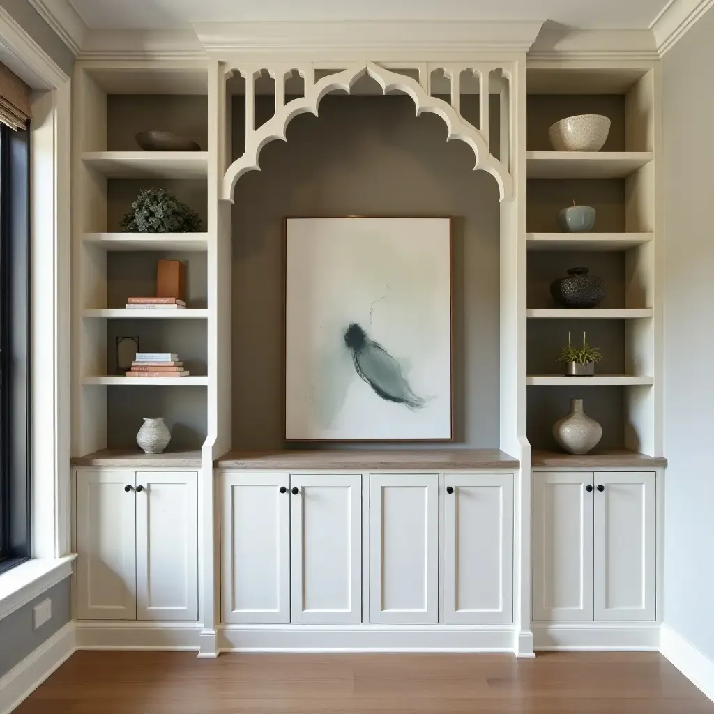 a photo of a built-in bookcase featuring a unique architectural design