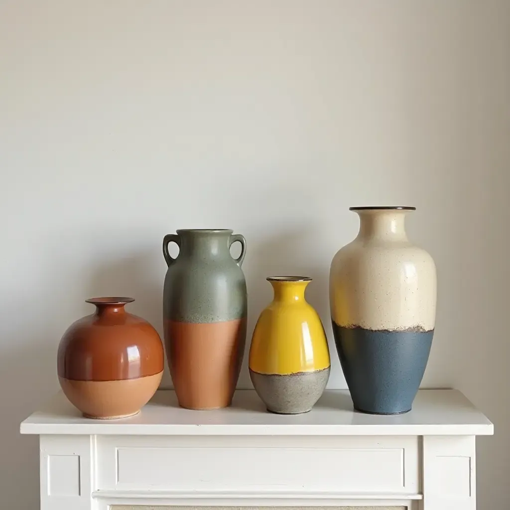 a photo of colorful ceramic vases displayed on a mantel