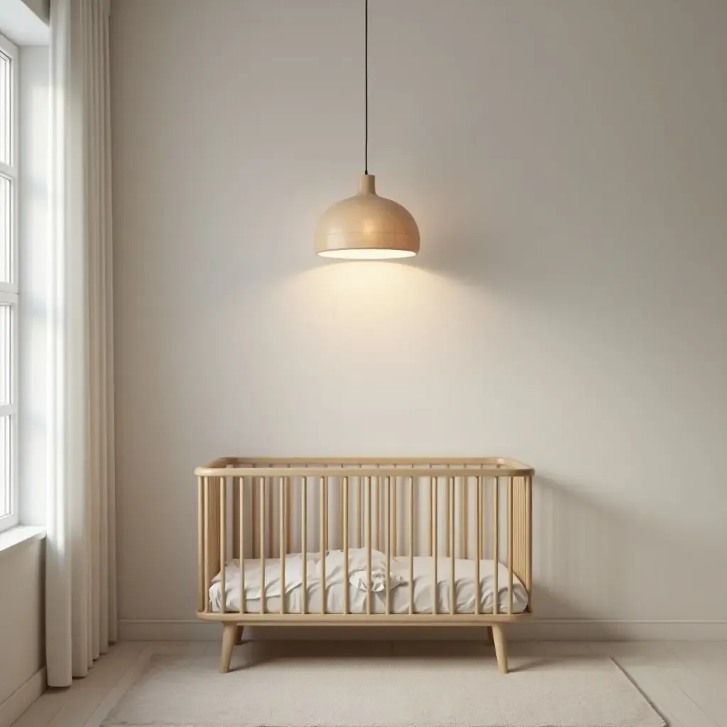 a photo of a modern pendant light above a minimalist crib