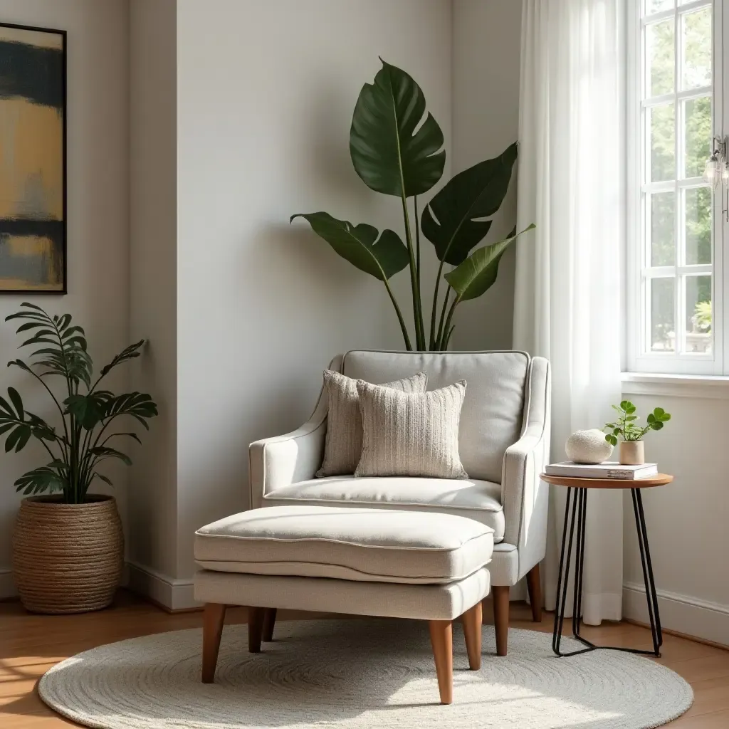 a photo of a reading nook with a stylish accent chair and ottoman