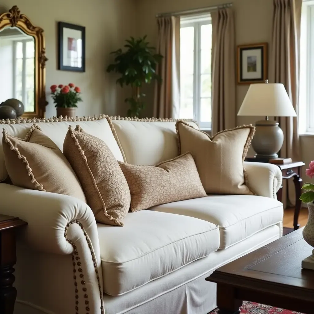 a photo of a traditional living room with elegant throw pillows on a classic sofa