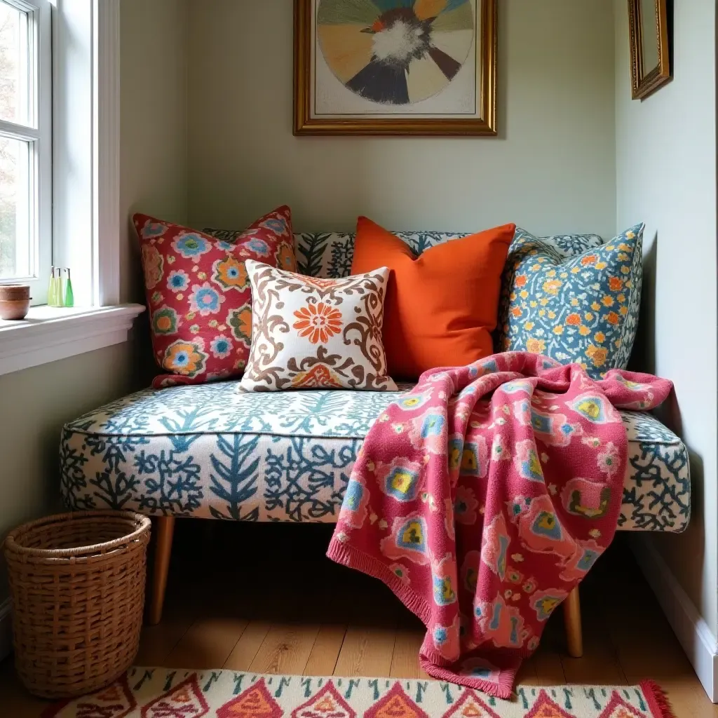 a photo of a colorful reading nook with patterned pillows and a vibrant throw