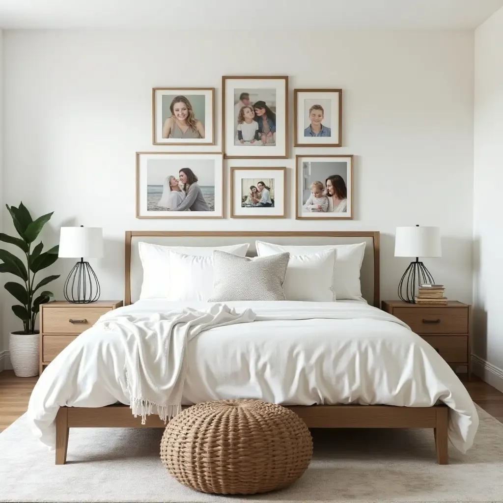 a photo of a farmhouse bedroom with a gallery wall of family photos and art