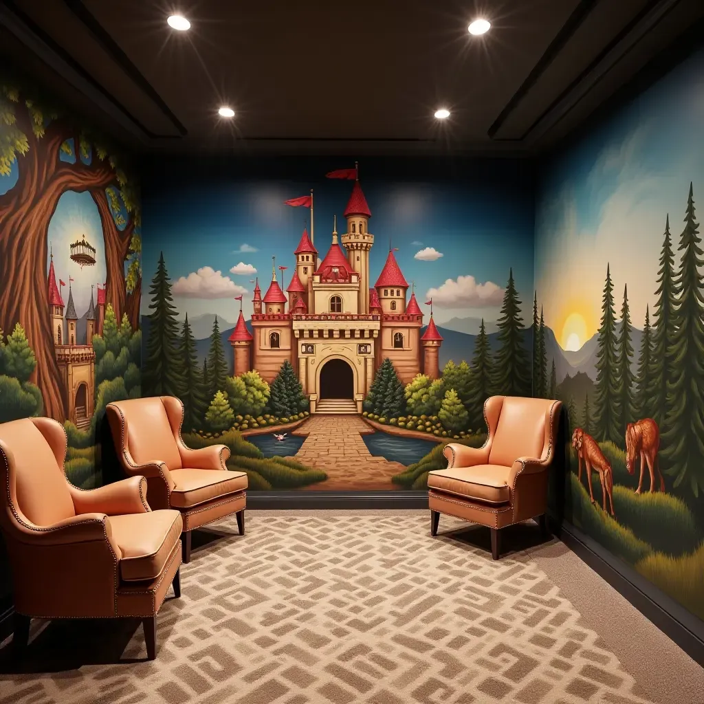 a photo of a basement featuring a colorful mural of a fantasy castle