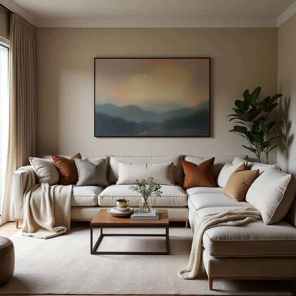 a photo of a chic basement lounge with metallic throw pillows