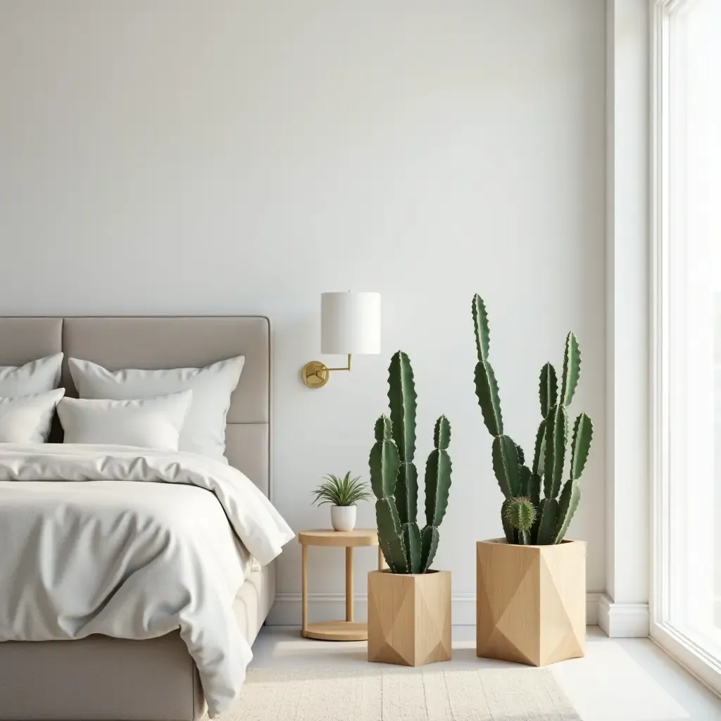 a photo of a modern bedroom with geometric plant stands displaying cacti