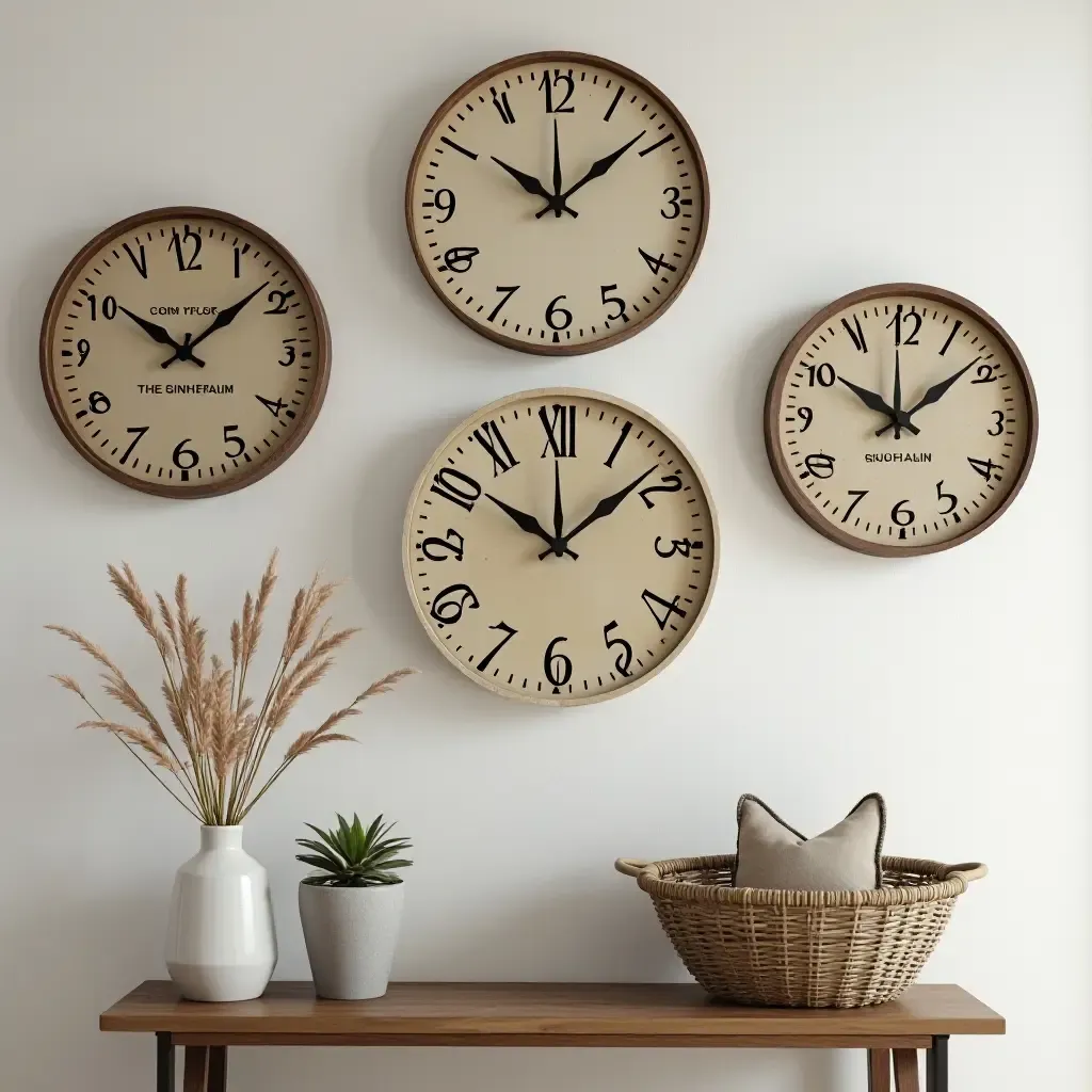 a photo of a balcony wall showcasing artistic wall clocks