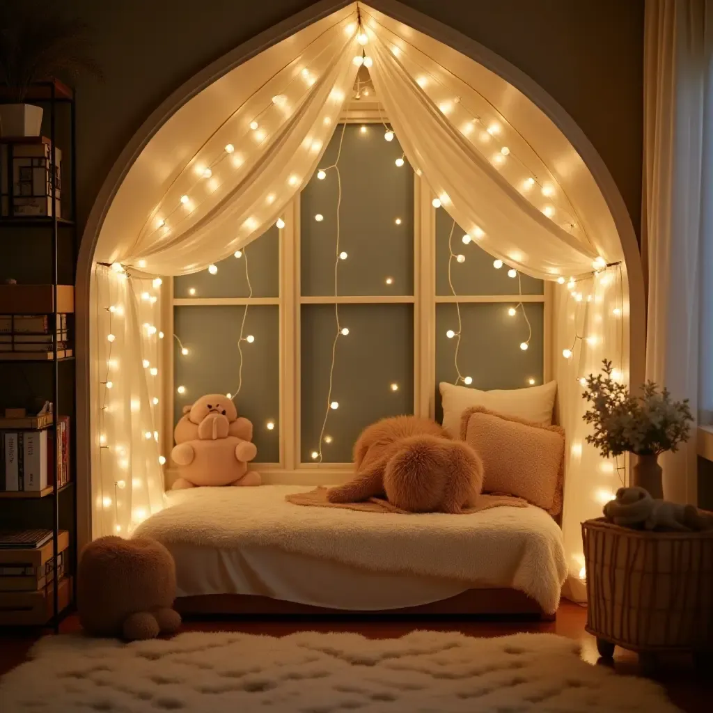 a photo of a whimsical reading nook with fairy lights in a nursery