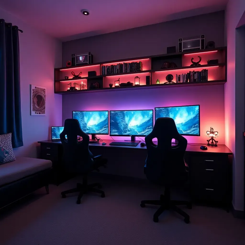 a photo of a teen room with organized gaming accessories