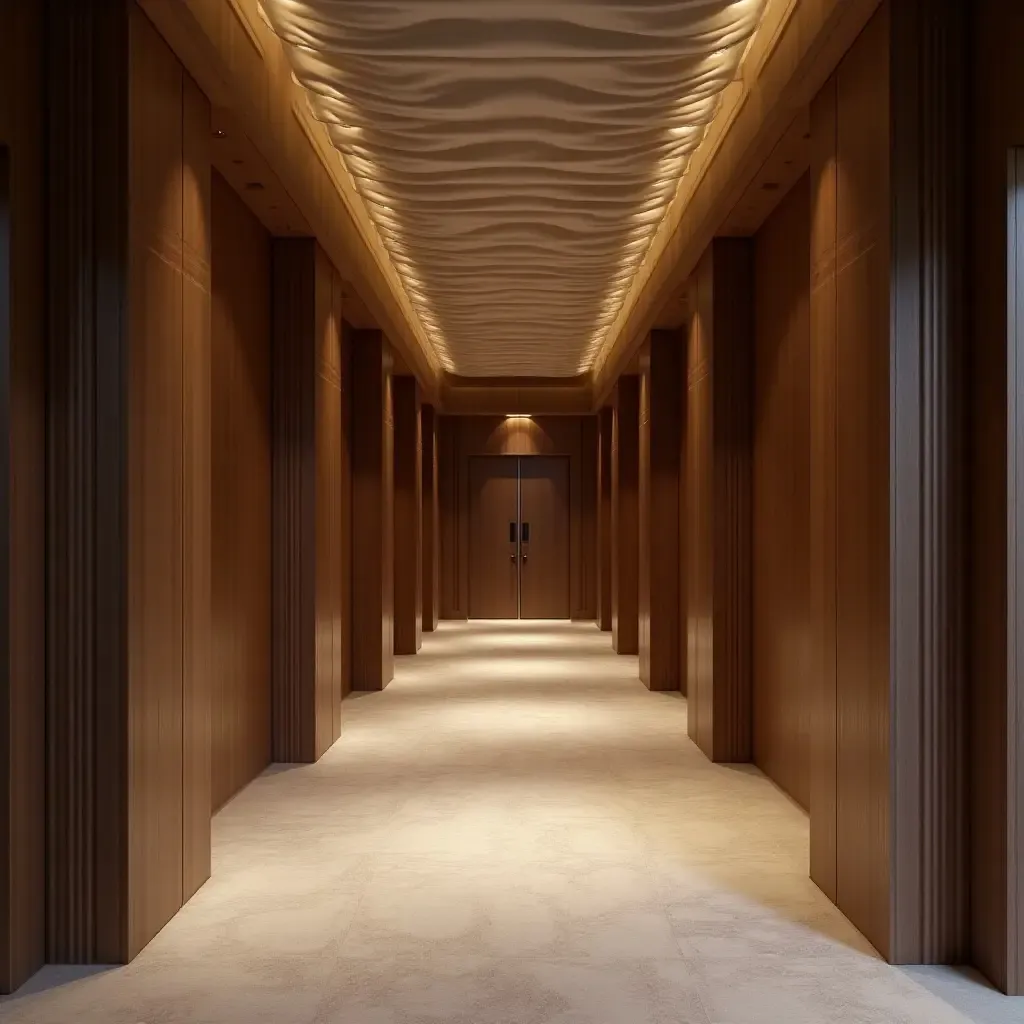 a photo of a sophisticated corridor with luxurious fabric, elegant wood, and modern metal