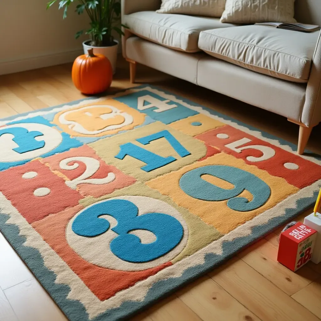 a photo of a rug featuring fun, oversized numbers for learning play