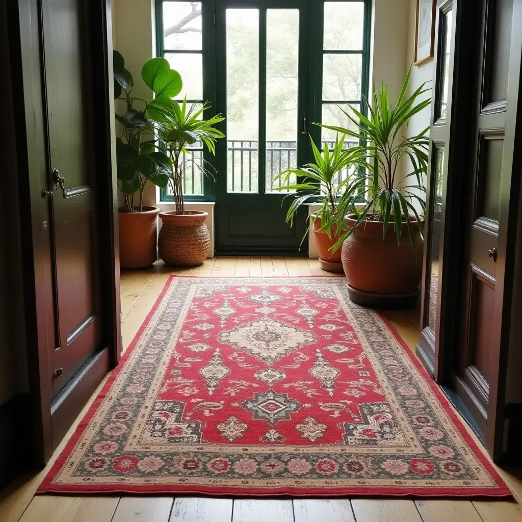 a photo of a vintage Persian rug on a cozy balcony space