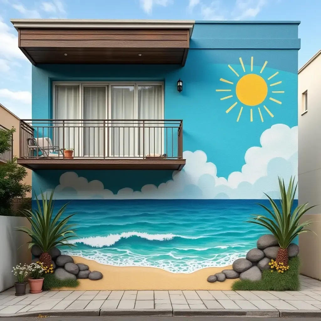 a photo of a balcony wall with a beach-themed mural