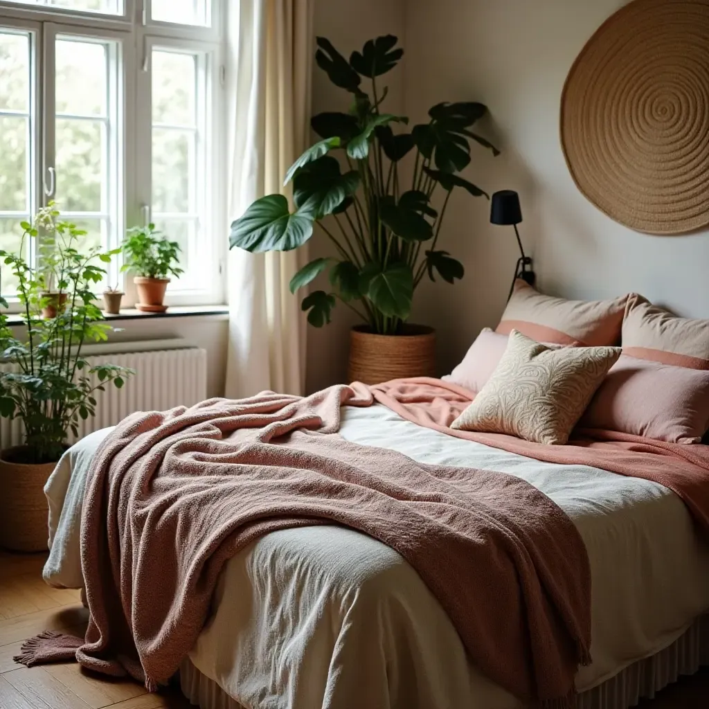 a photo of a bohemian-style bedroom with layered textiles and plants for comfort