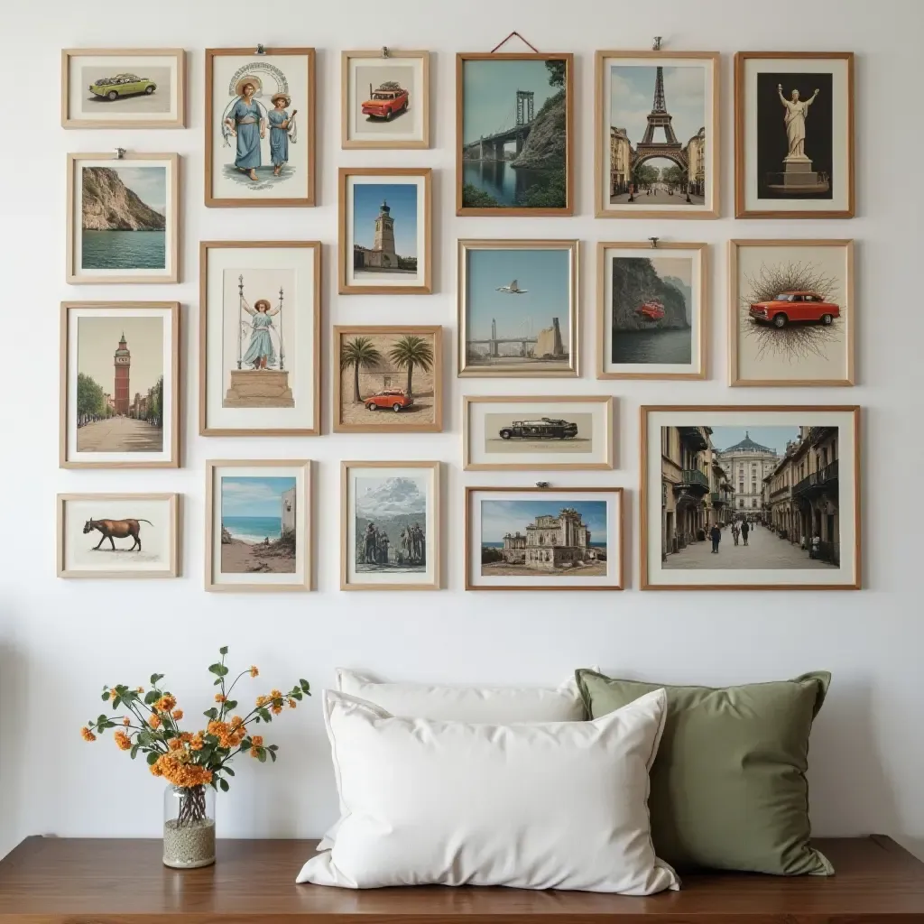 a photo of a gallery wall filled with travel souvenirs and memories