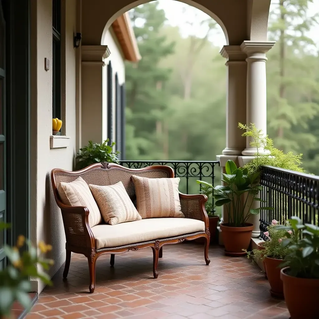 a photo of a charming balcony featuring a vintage loveseat and cushions