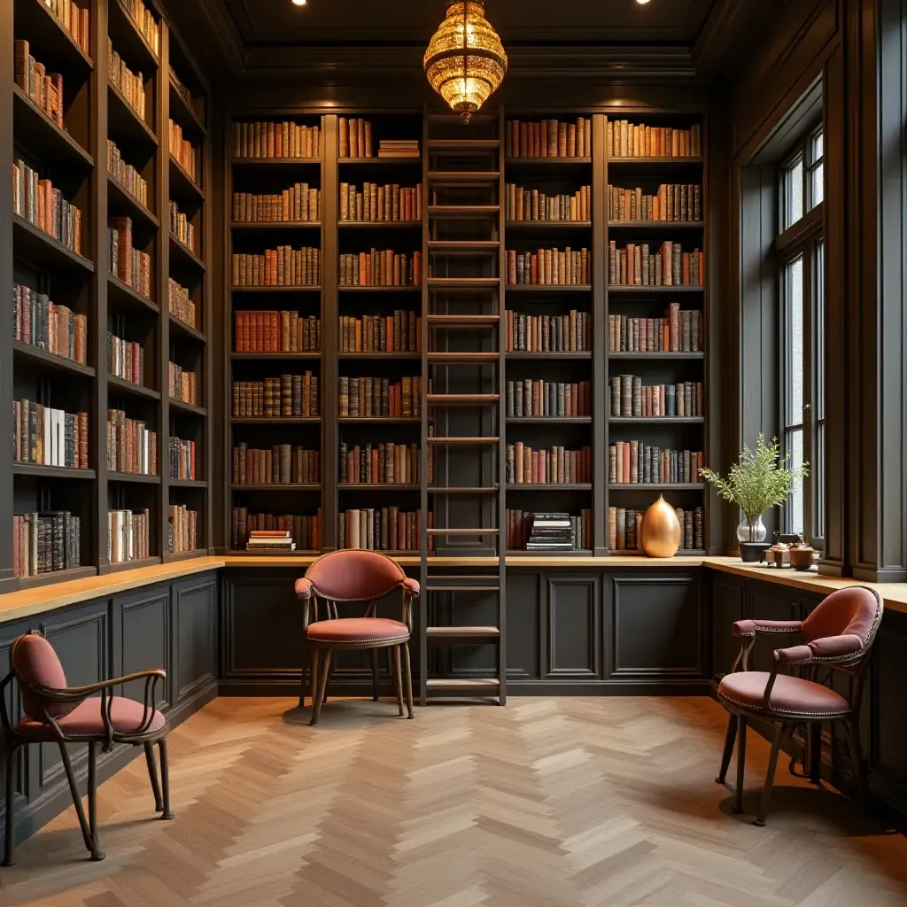 a photo of a spacious library with tall shelves and a ladder for access