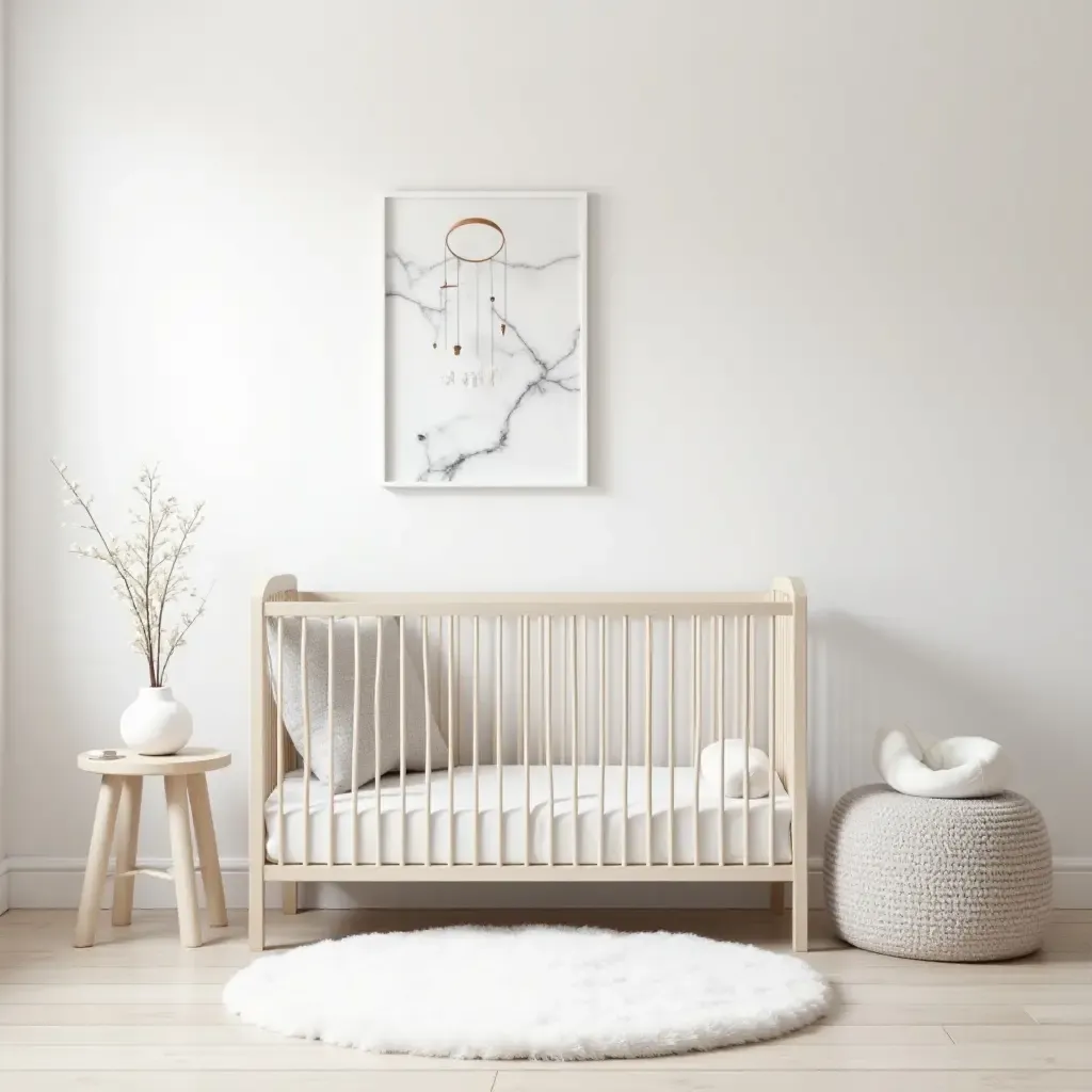 a photo of a marble-themed nursery with a whimsical mobile and plush rug