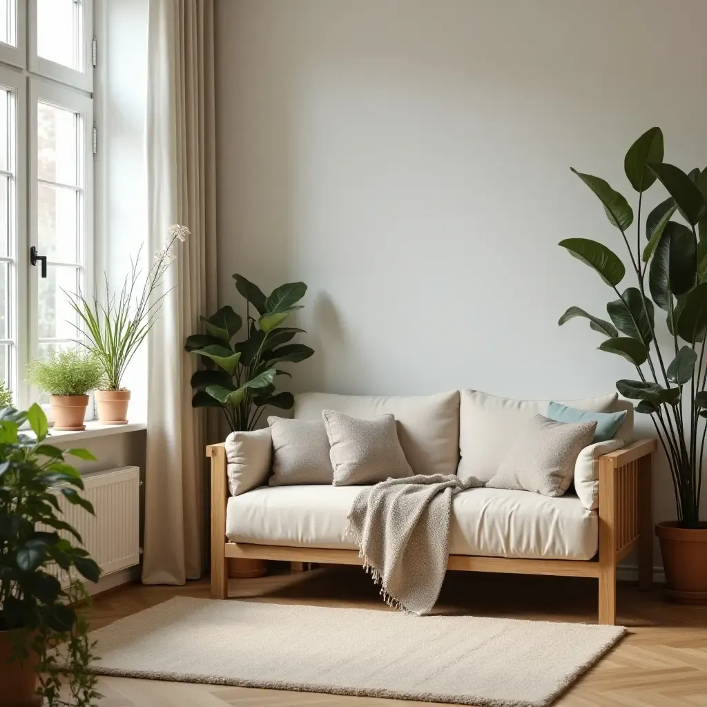 a photo of a cozy corner in a living room with wooden furniture and plants