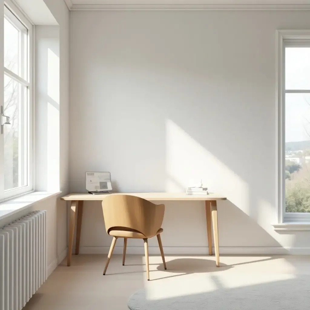 a photo of a spacious bedroom with a minimalist desk and chair