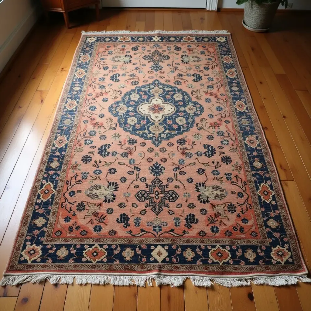 a photo of a vintage Persian rug layered over hardwood floors