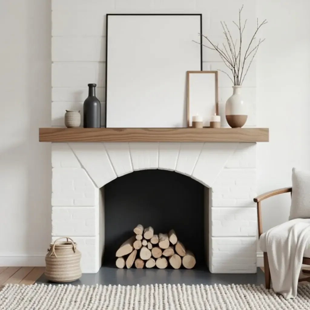 a photo of a Scandinavian-inspired fireplace mantel with natural elements