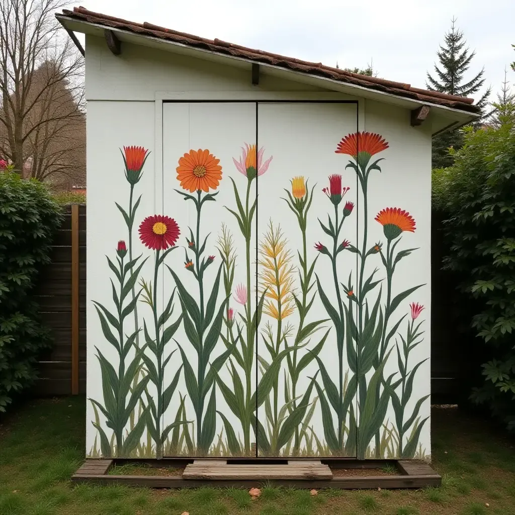 a photo of a botanical illustration mural on a shed