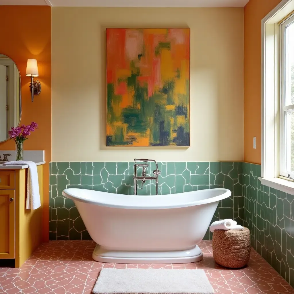 a photo of a freestanding tub in a vibrant, colorful bathroom