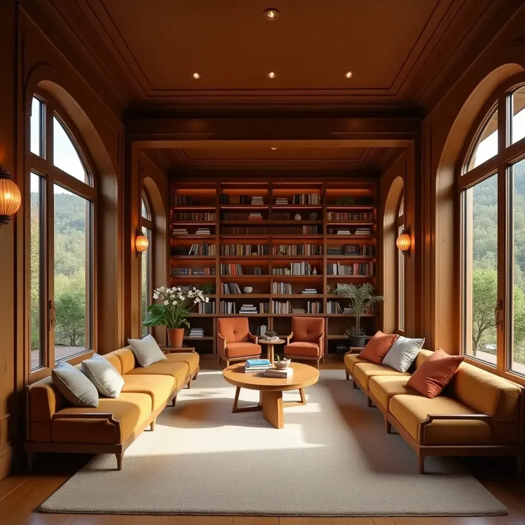 a photo of a library with wooden decor and a warm color palette