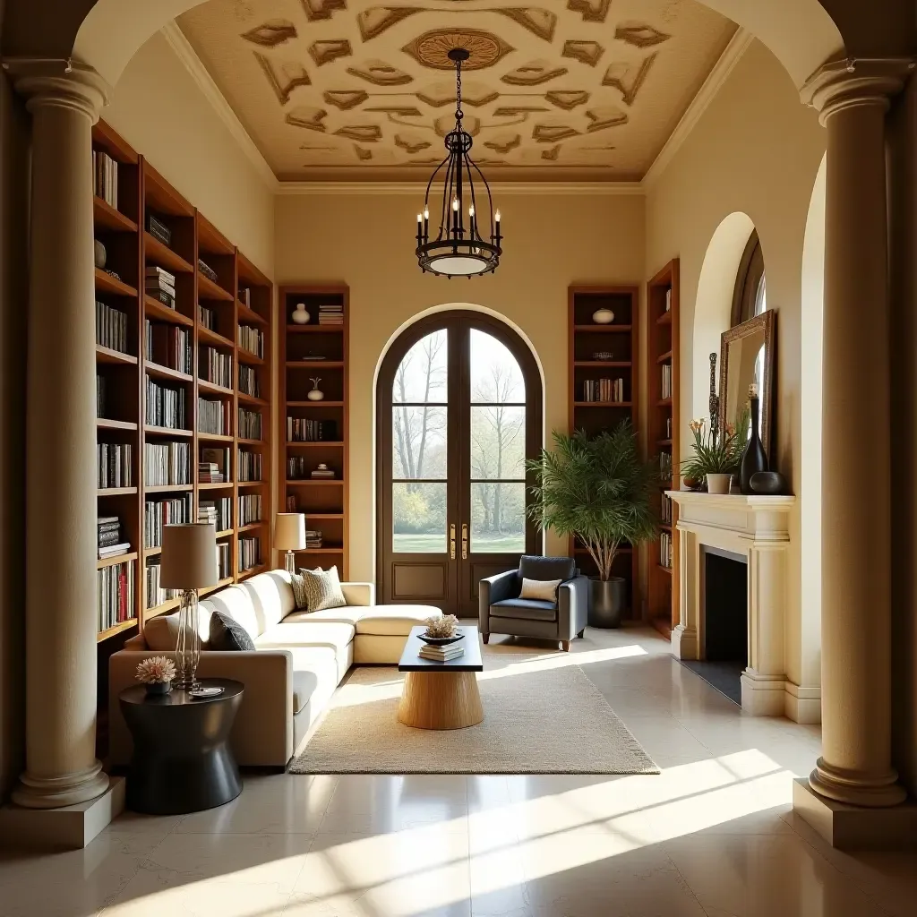 a photo of a sunlit library with a Mediterranean-inspired ceiling and decor