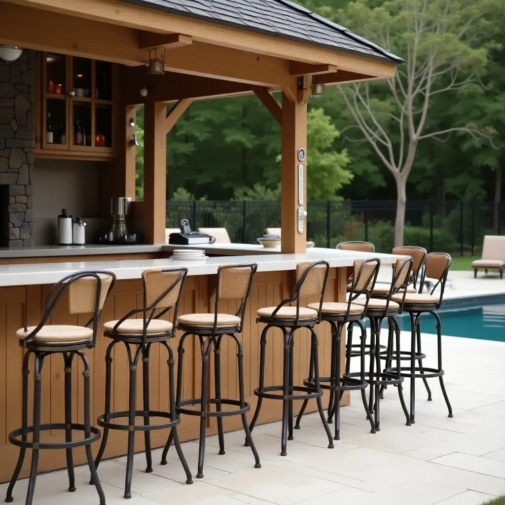 a photo of vintage bar stools arranged around a poolside bar