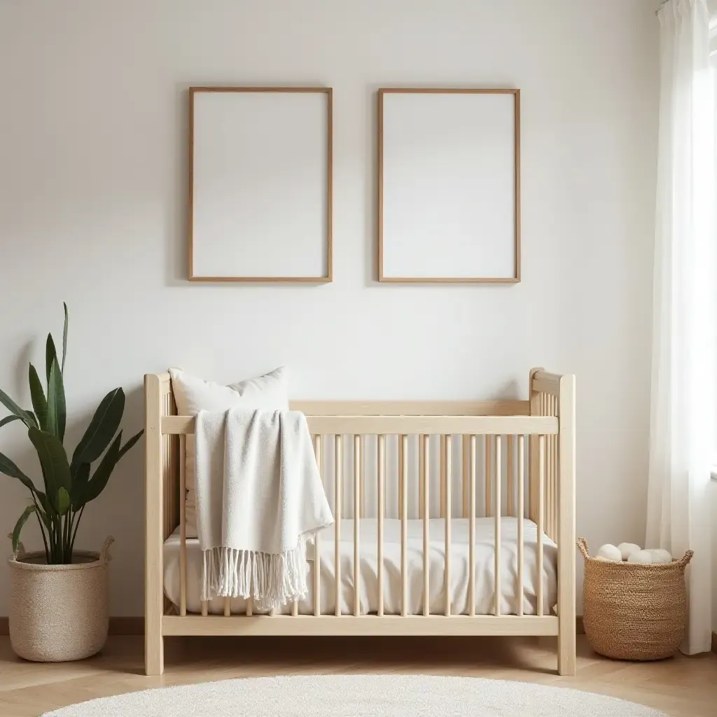 a photo of a nursery adorned with rustic wooden accents and soft textiles