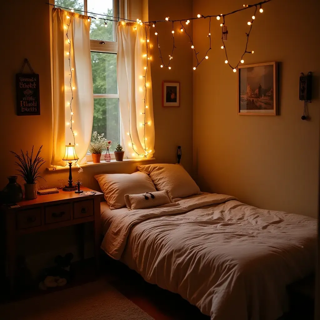 a photo of a teen bedroom decorated with fairy lights and antiques